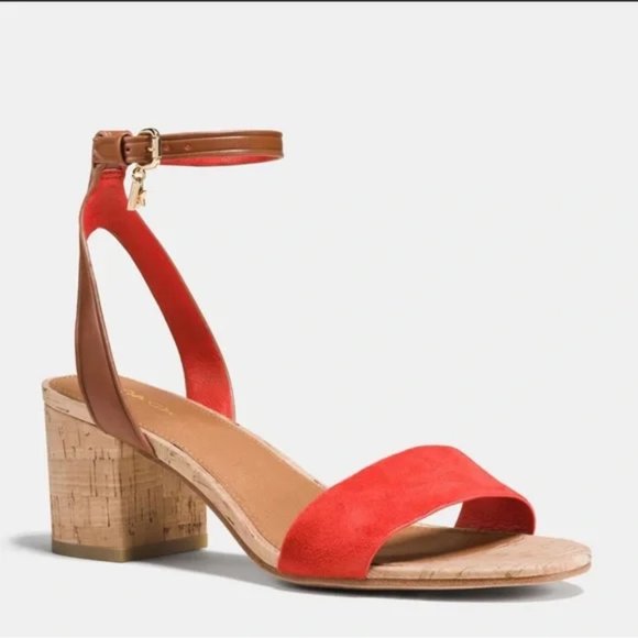 COACH THOMPSON SUEDE CALF CARMINE SADDLE SANDALS HEEL SIZE 6.5 - Picture 1 of 3